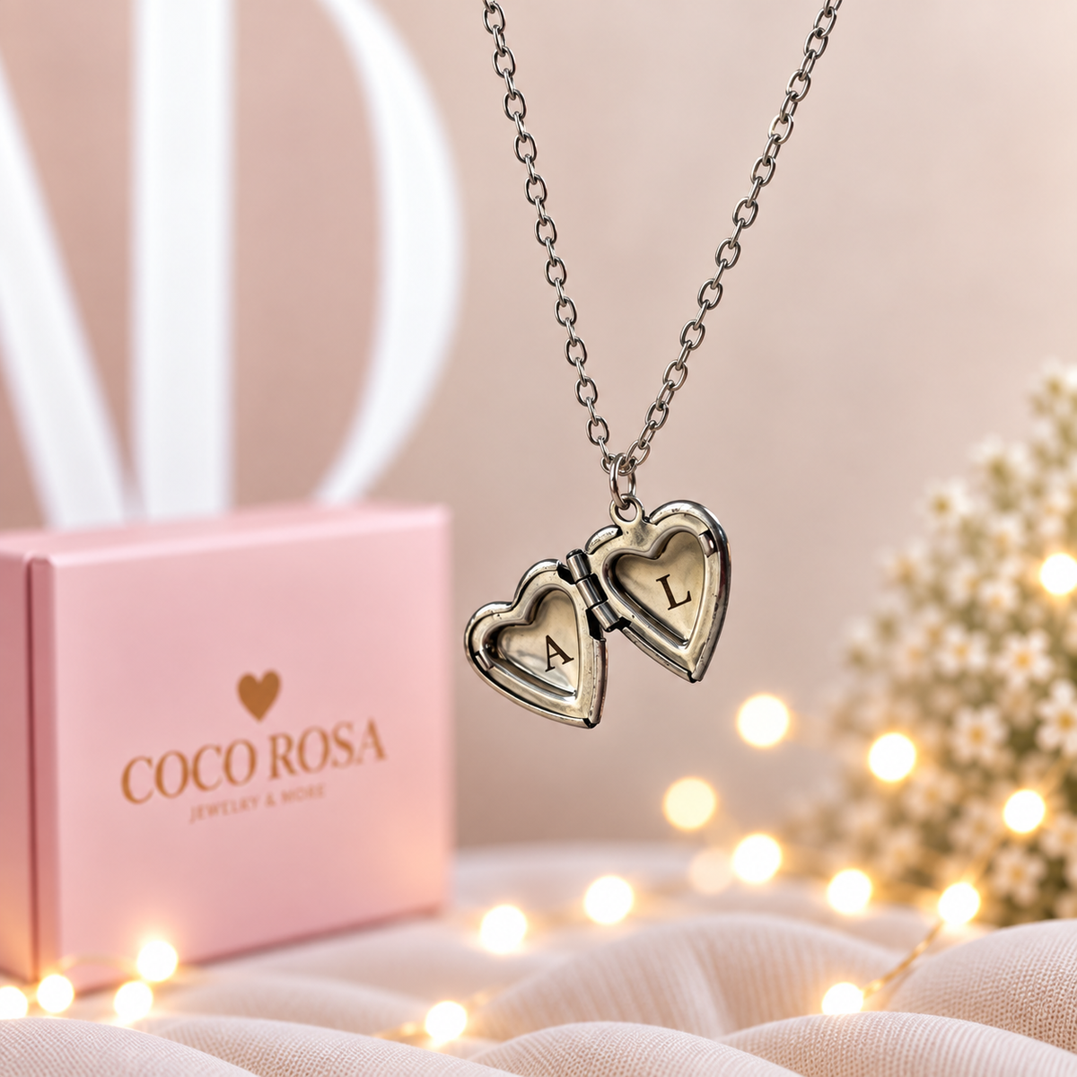 Cadena de Relicario corazón plateado personalizado grabado 10mm