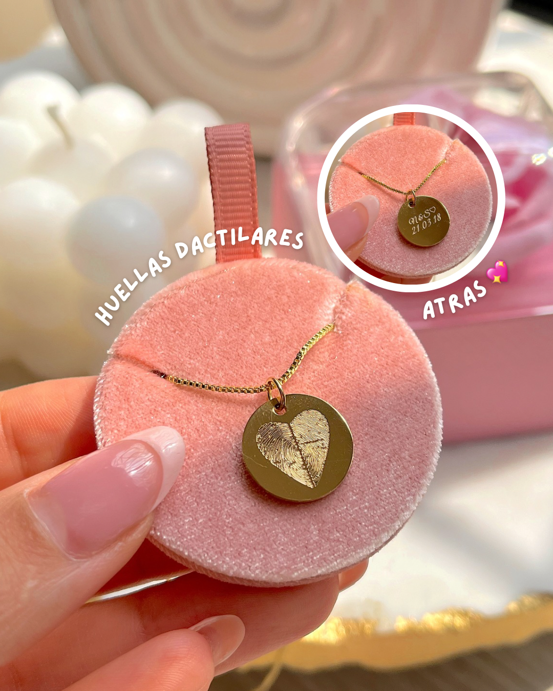 Cadena dorada grabada medalla 15mm con huellas dactilares para mujer