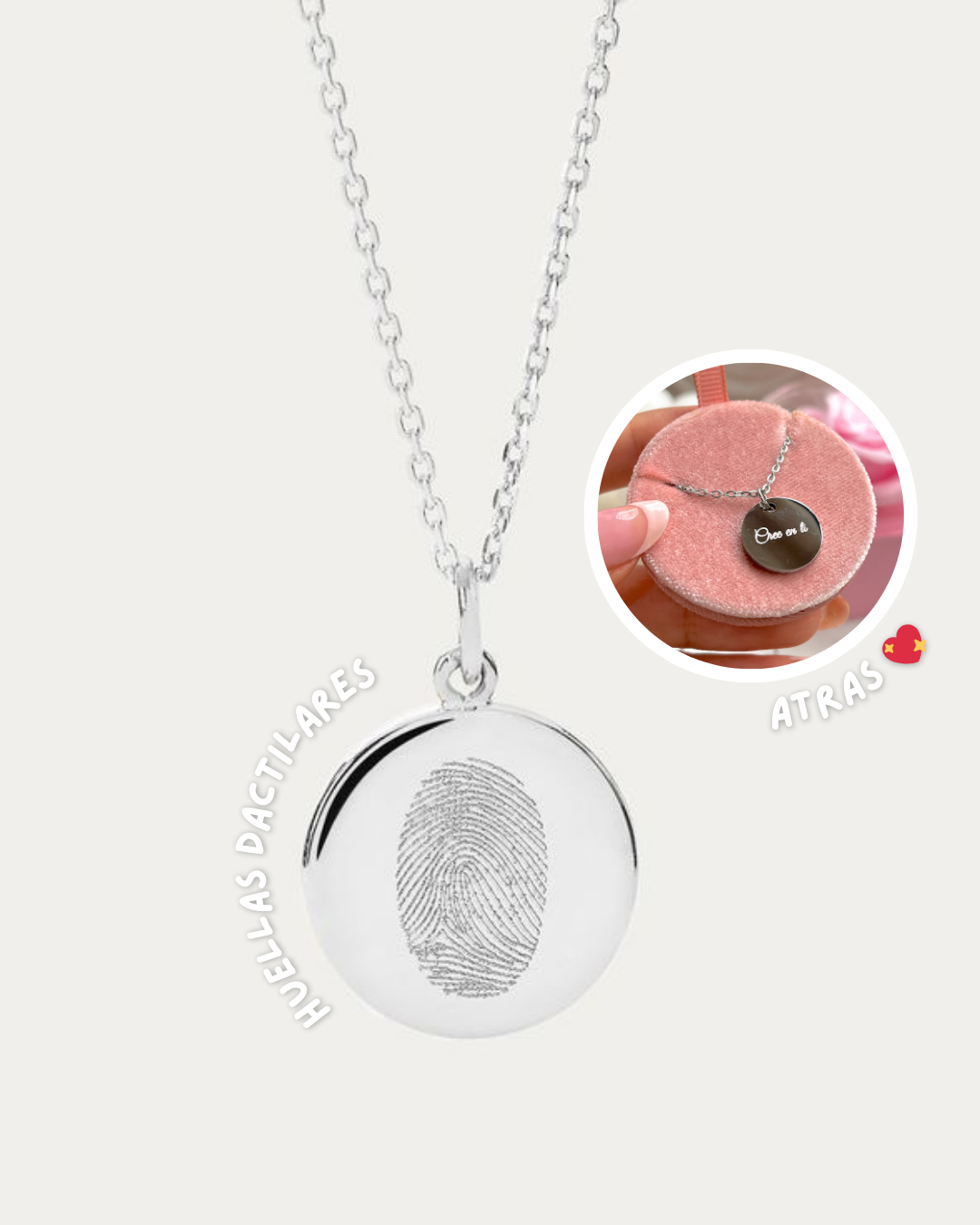 Cadena grabada medalla 15mm con huellas dactilares unisex plateada