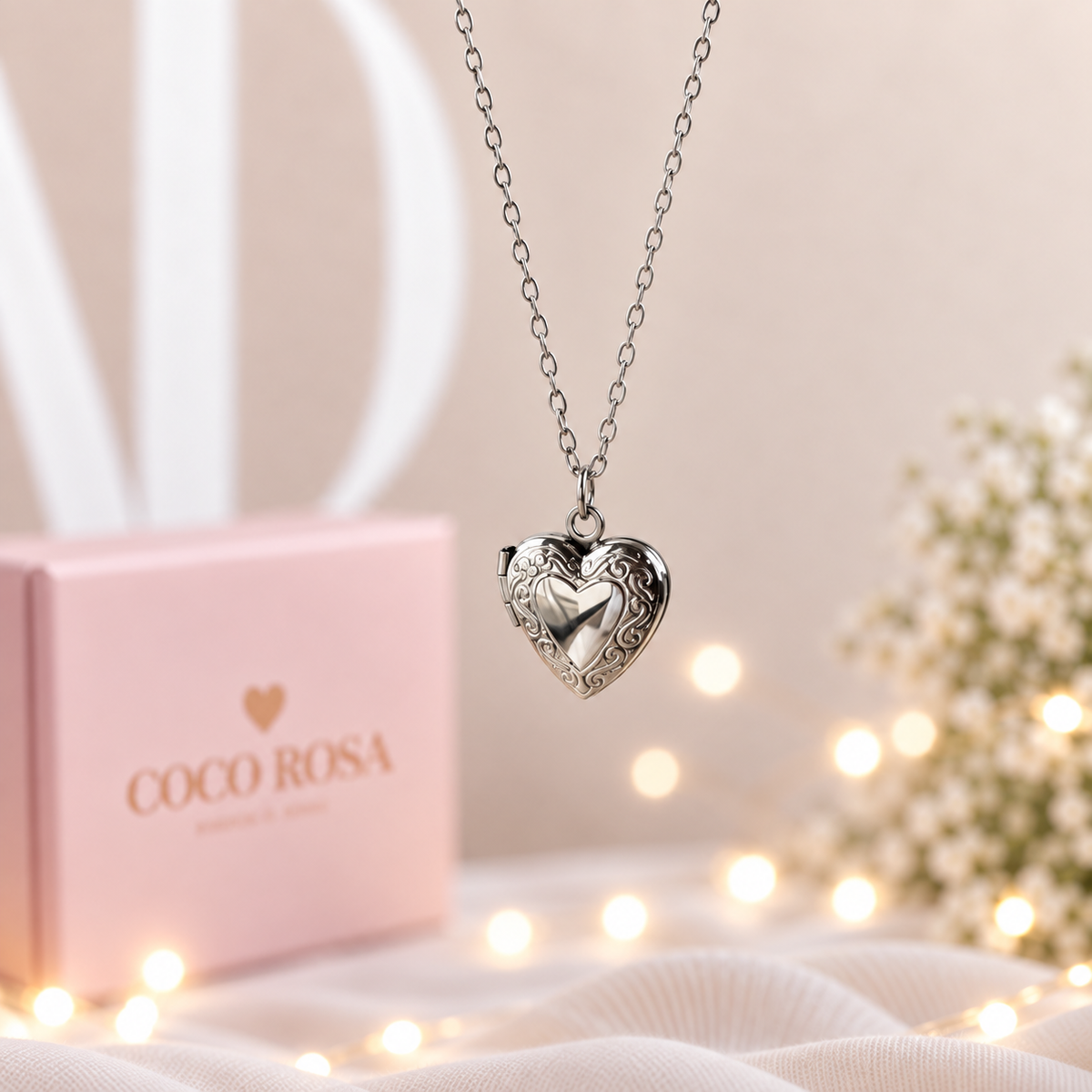 Cadena de Relicario corazón plateado personalizado grabado 10mm