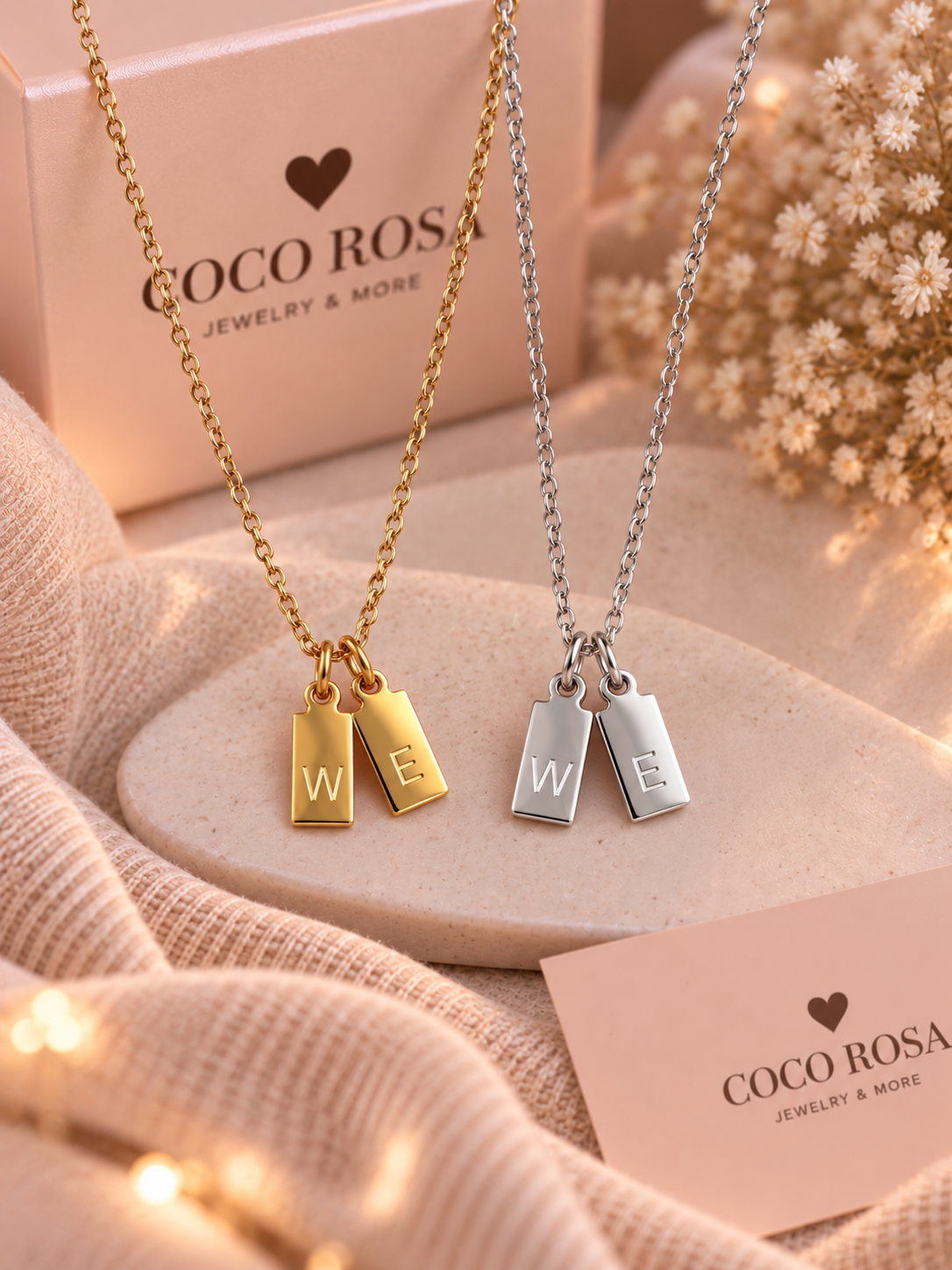 Cadenas de medalla iniciales rectangular doble grabada unisex