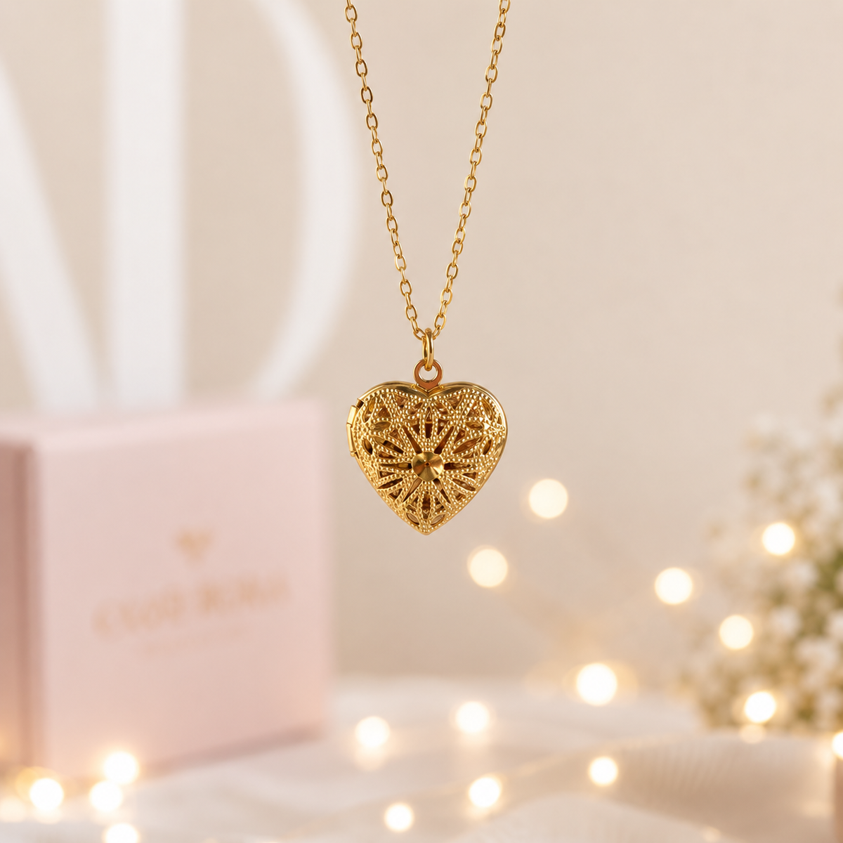 Cadena de Relicario corazón dorado personalizado grabado 15mm