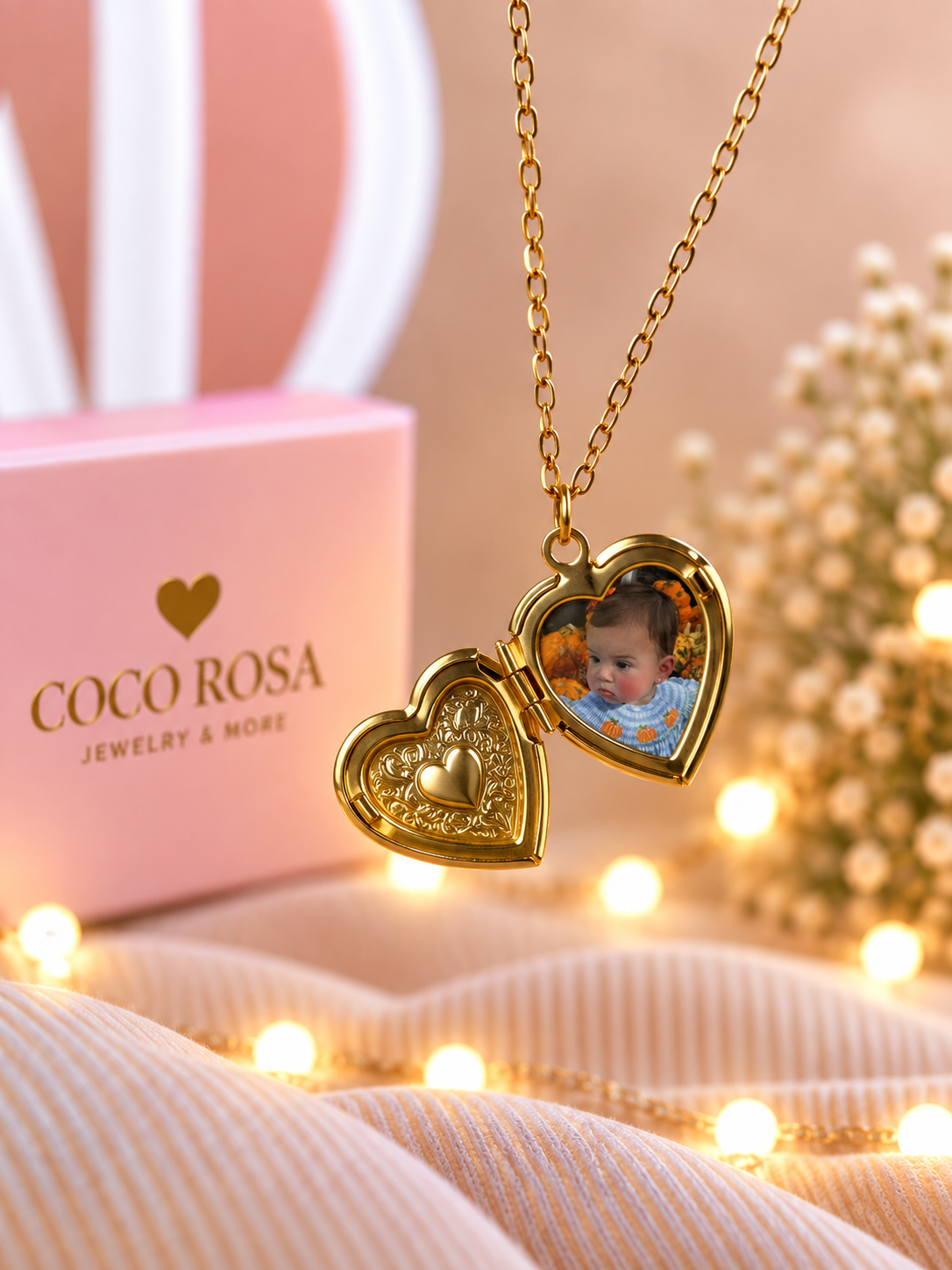 Cadena de Relicario corazón dorado personalizado grabado 15mm