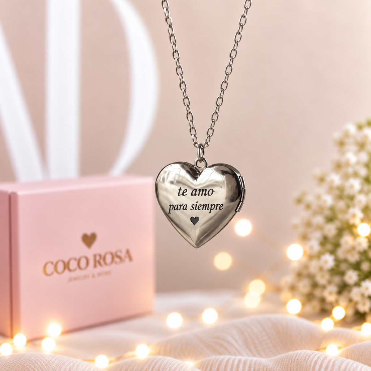 Cadena de Relicario corazón plateado personalizado grabado 20mm