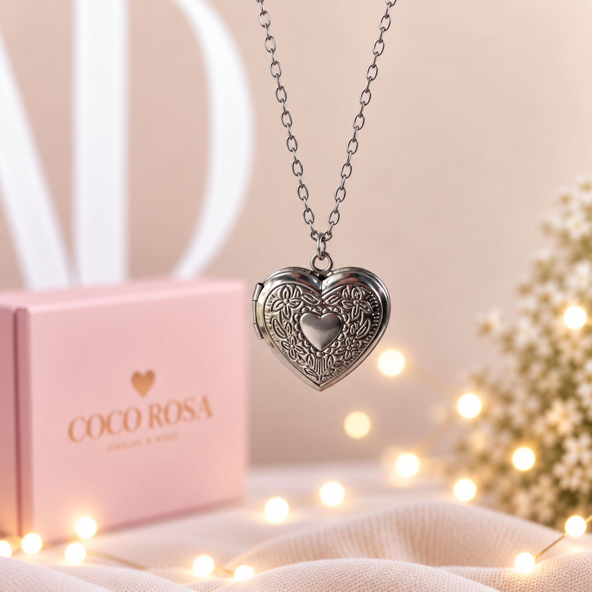 Cadena de Relicario corazón plateado personalizado grabado 20mm