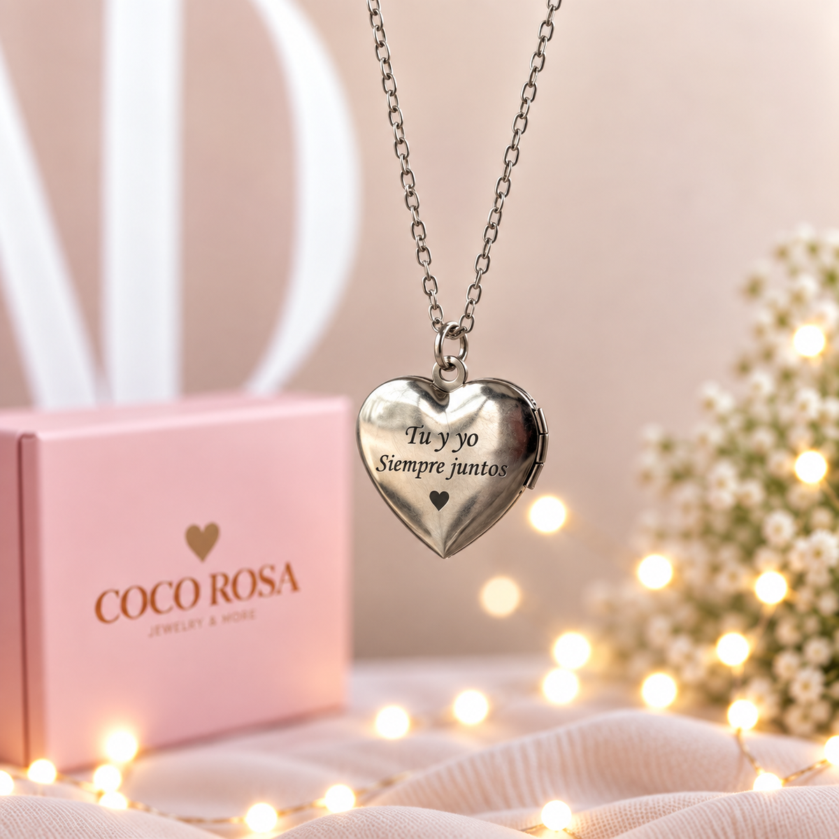Cadena de Relicario corazón plateado personalizado grabado 15mm