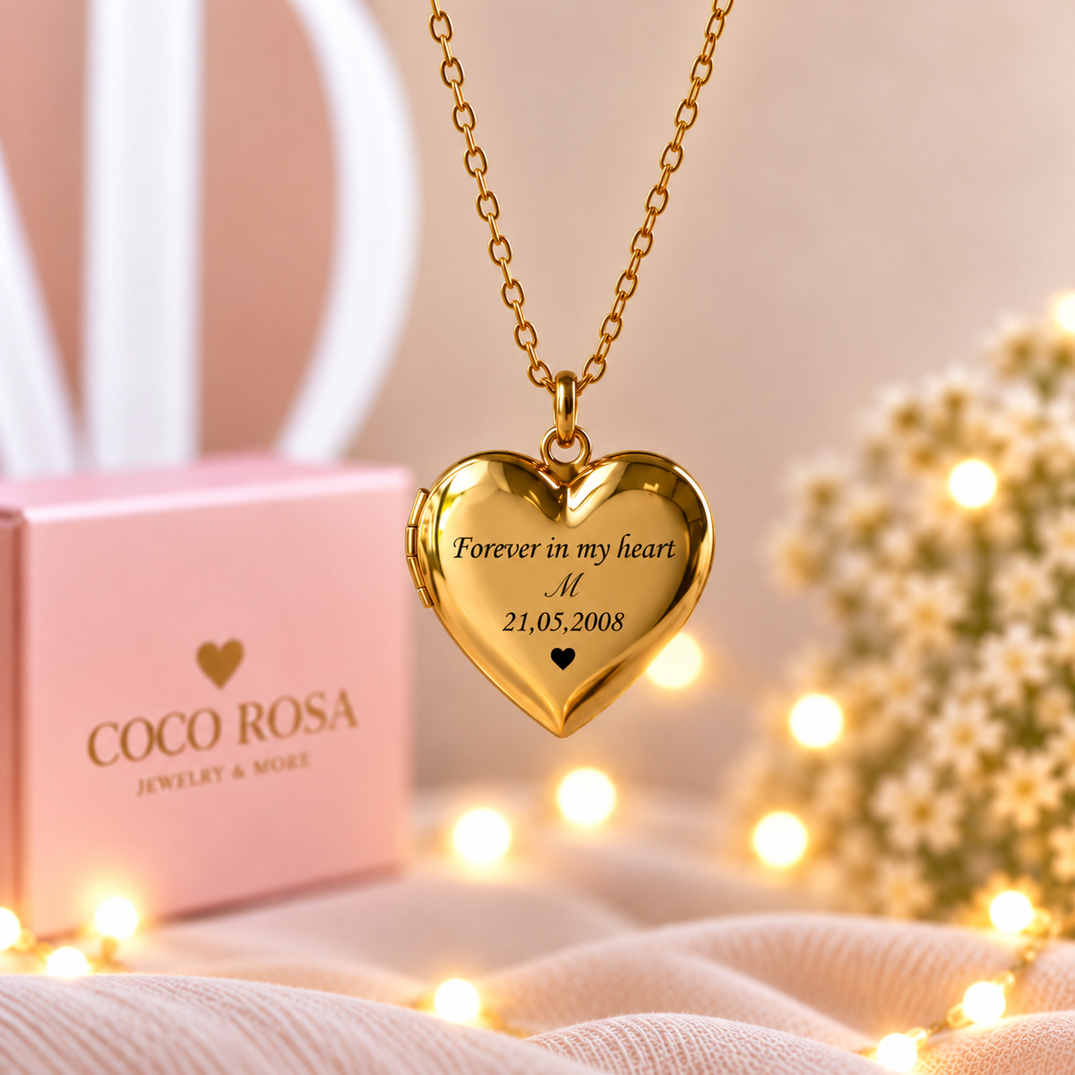 Cadena de Relicario corazón dorado personalizado grabado 15mm