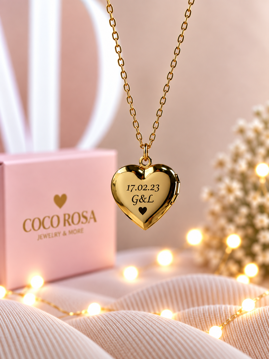 Cadena de Relicario corazón dorado personalizado grabado 15mm