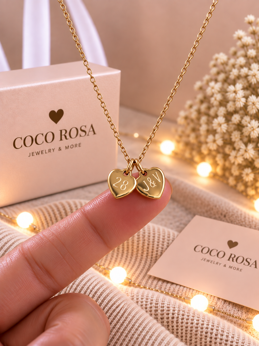 Cadena de corazon doble inicial dorada grabada unisex