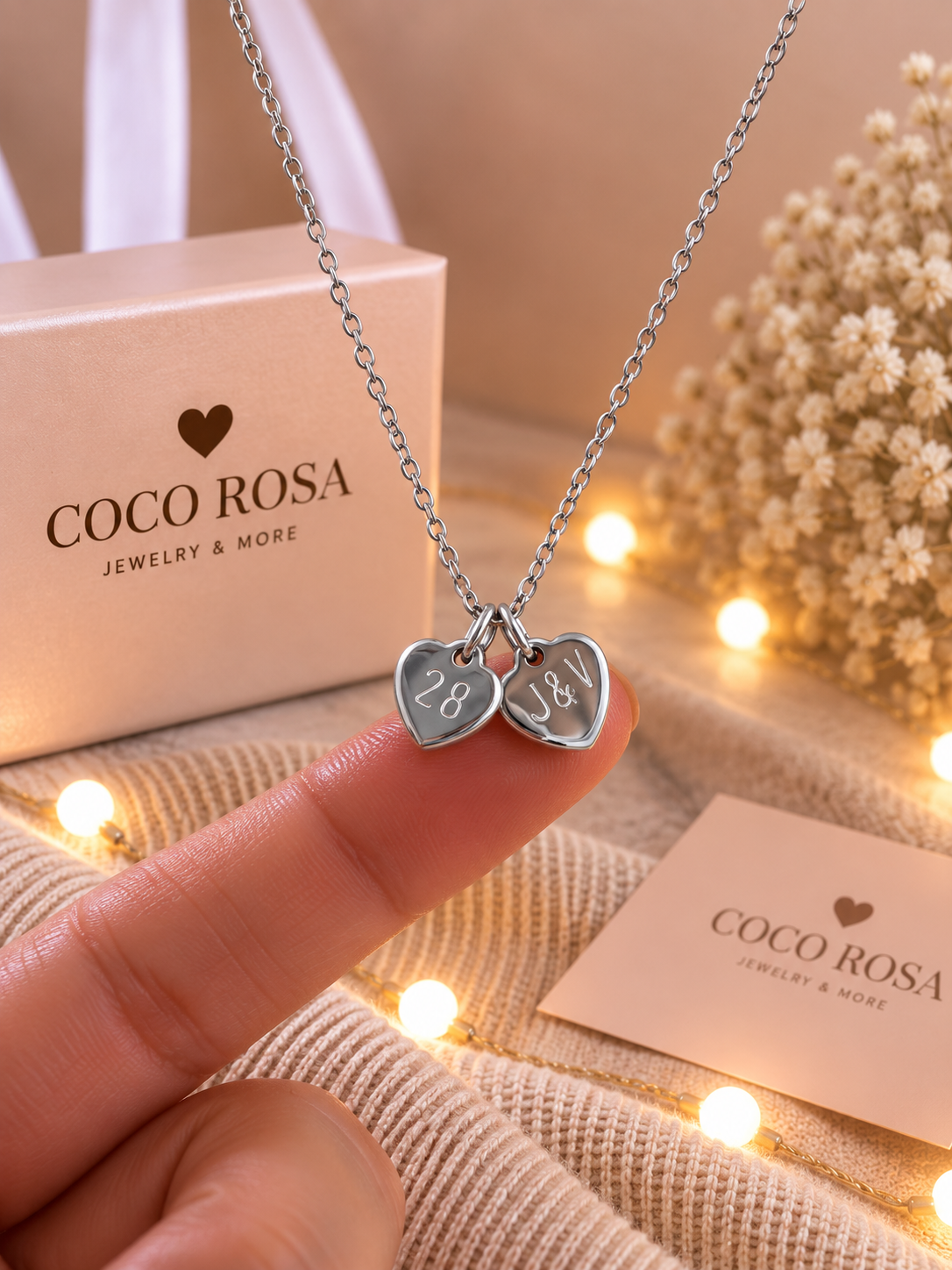 Cadenas de corazon doble iniciales plateada grabada unisex
