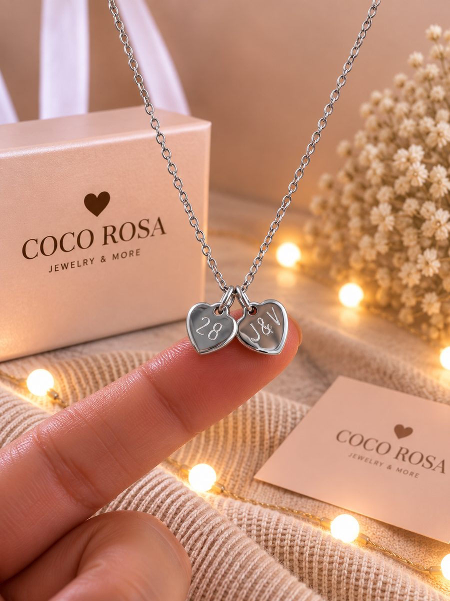 Cadenas de corazon doble iniciales plateada grabada unisex