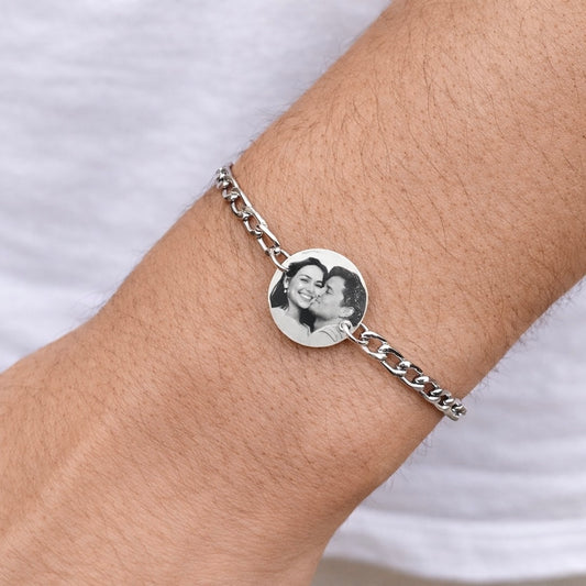 Brazalete grabado láser medalla 15mm de hombre plateado✨