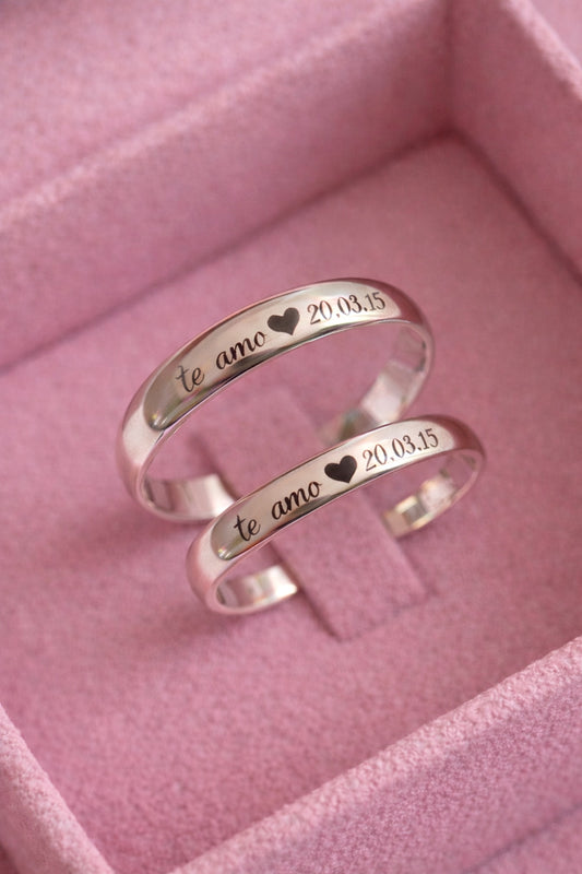 Anillo de promesa/unión unisex plateado grabado láser