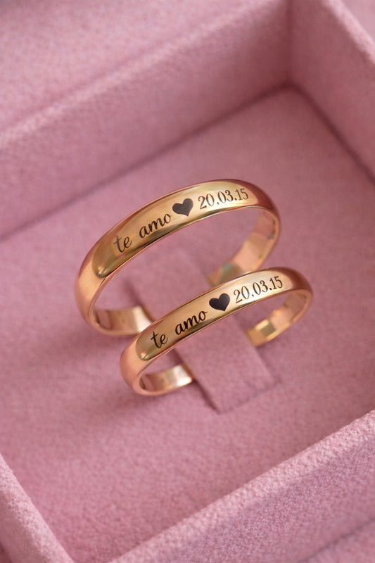 Anillo de promesa/unión unisex dorado grabado láser