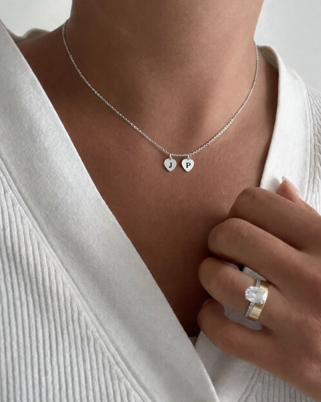 Cadenas de corazon iniciales doble plateada grabada láser unisex