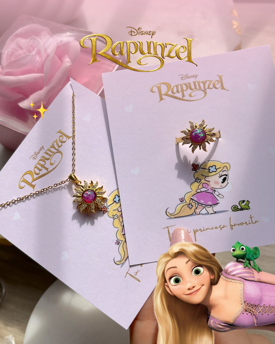 Set Disney morado cadena, anillo y cofre de Rapunzel ☀️