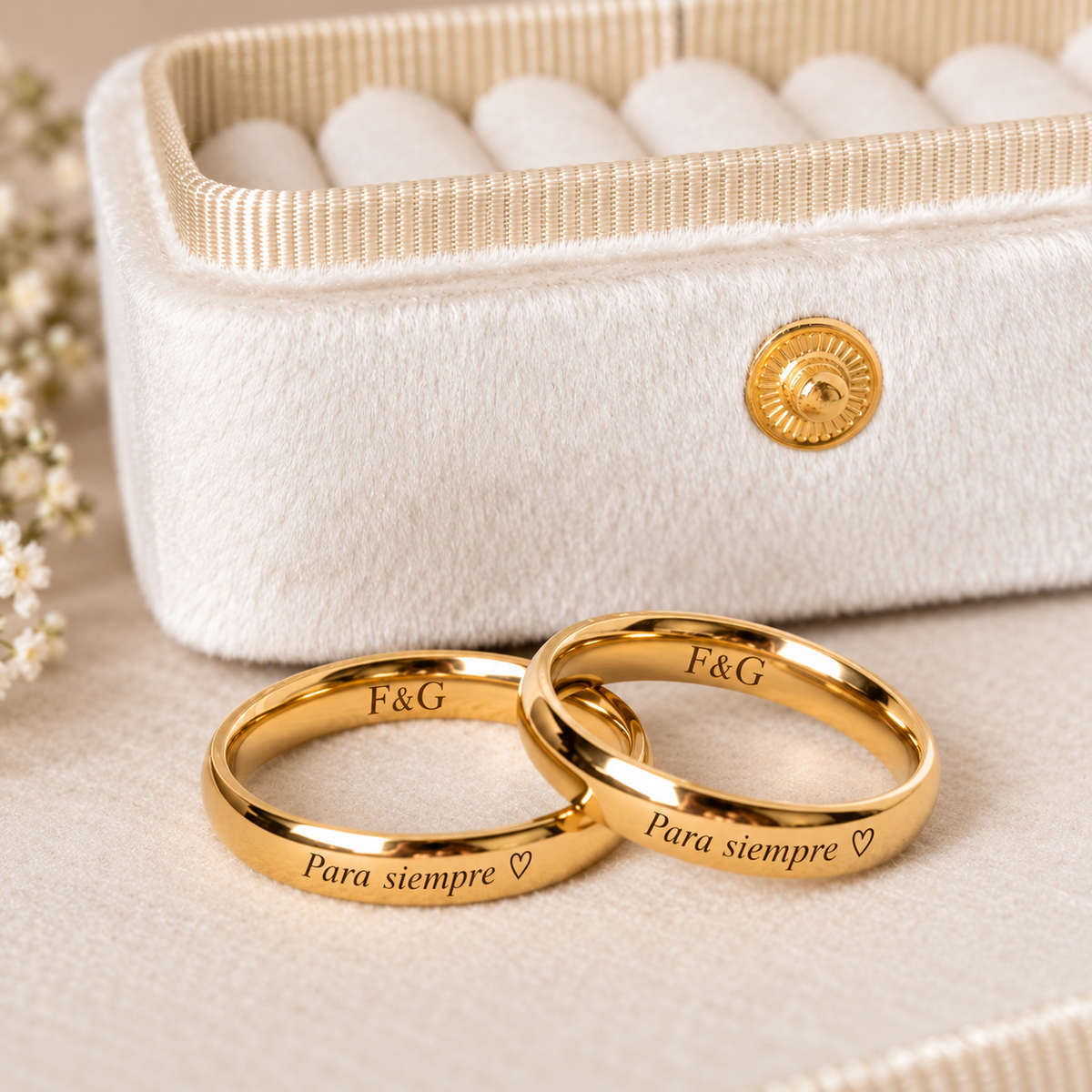 Anillo de promesa/unión unisex dorado grabado láser