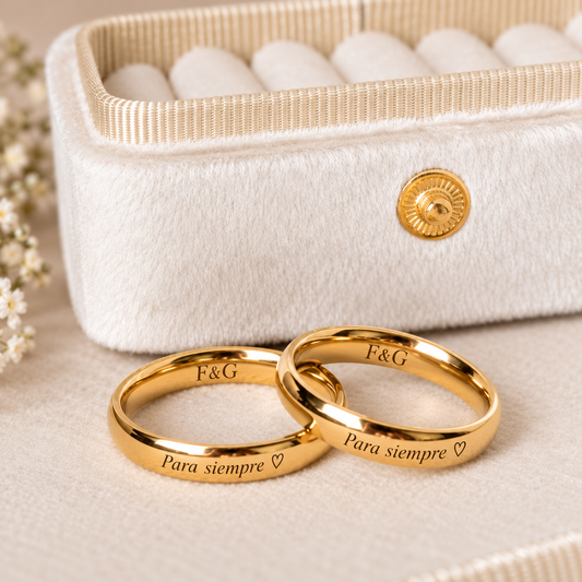 Anillo de promesa/unión unisex dorado grabado láser