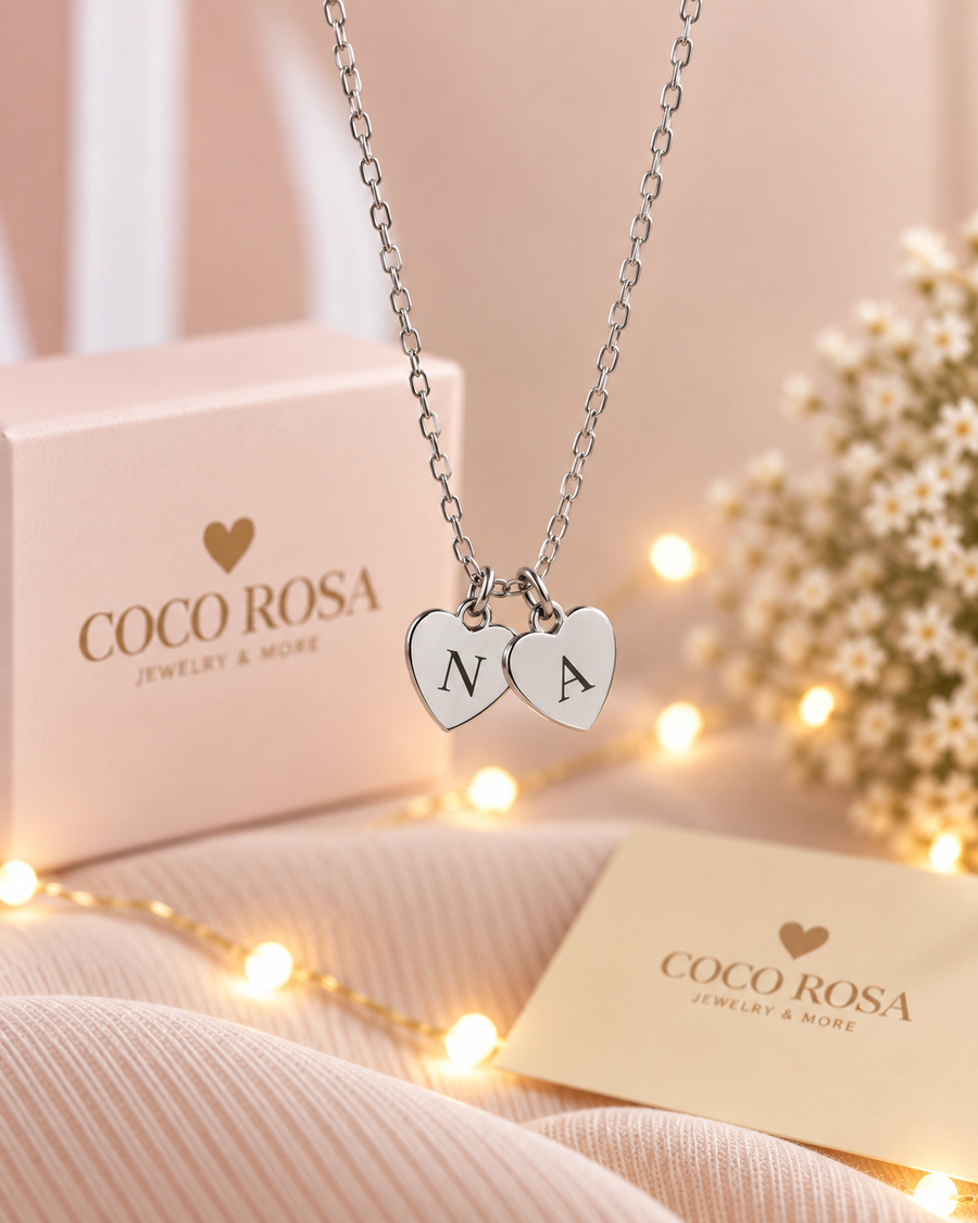 Cadenas de corazon iniciales doble plateada grabada láser unisex