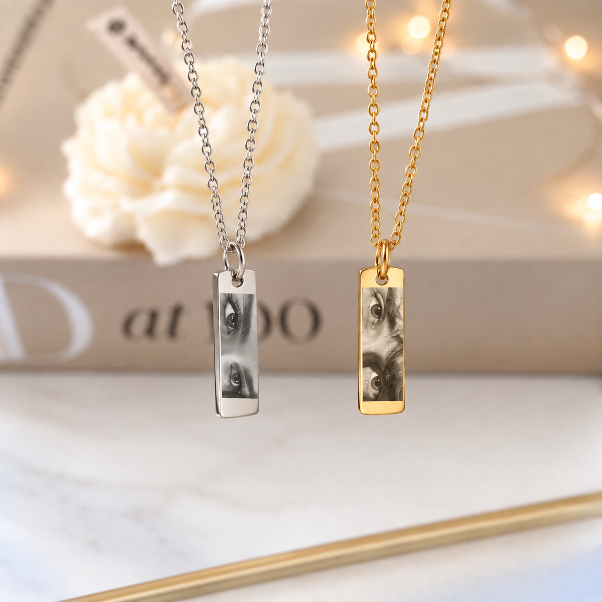 Cadena rectangular unisex con mirada fotograbado láser