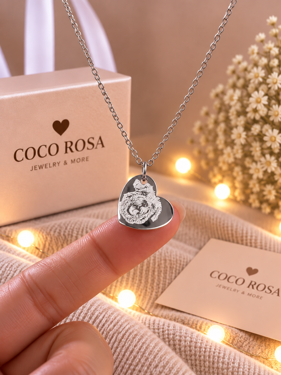 Cadena plateada medalla corazón con fotograbado unisex