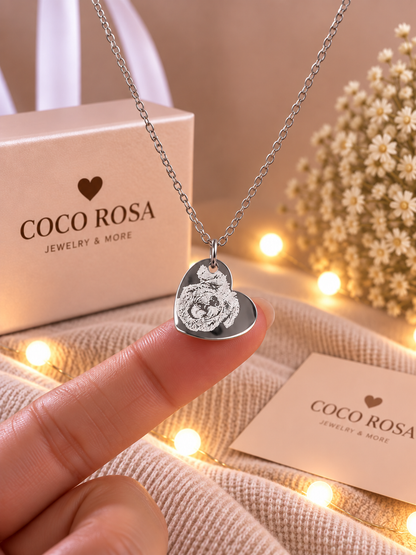 Cadena plateada medalla corazón con fotograbado unisex