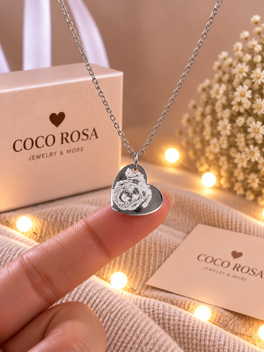 Cadena plateada medalla corazón con fotograbado unisex