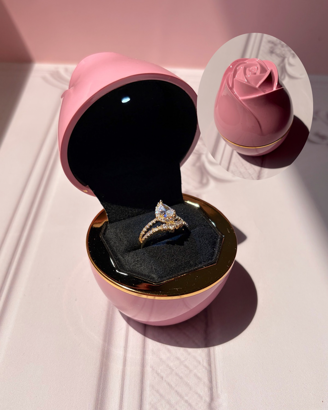 Cofre de rosa con luz, para anillo