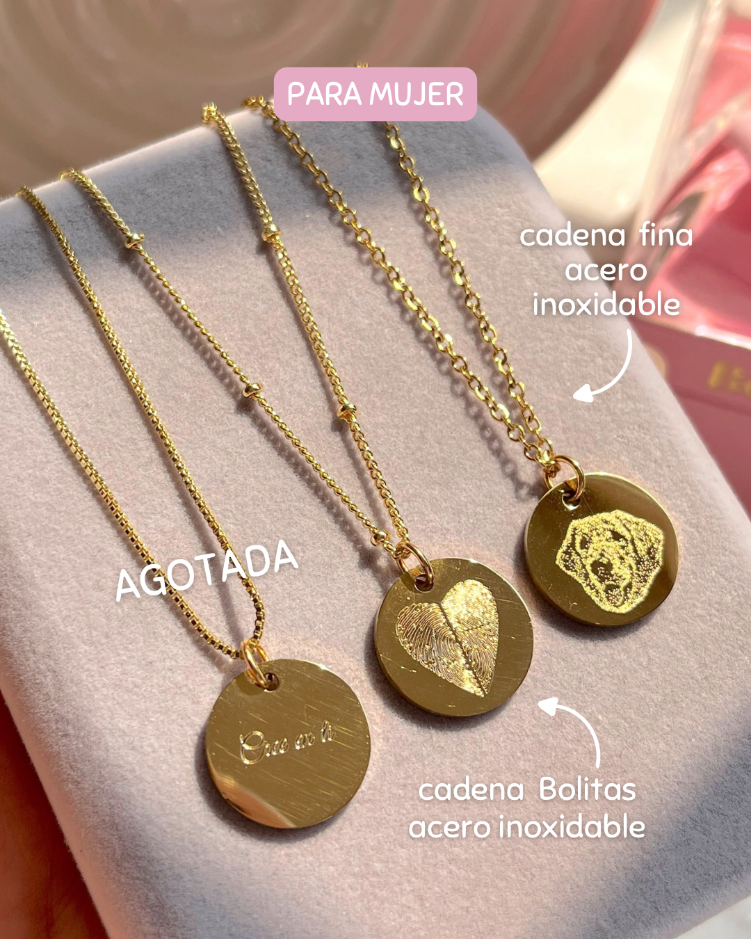 Cadena dorada medalla corazon con fotograbado mujer