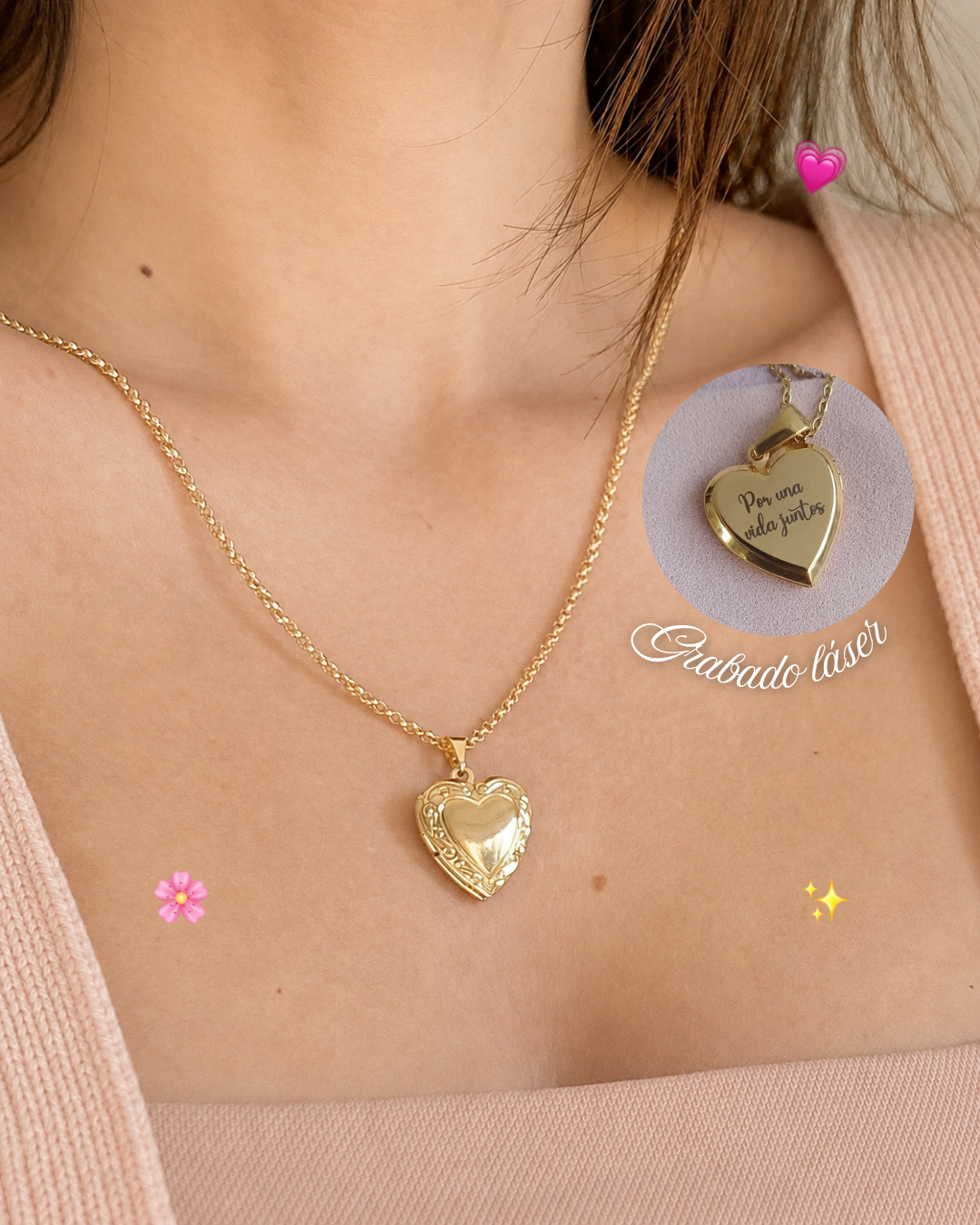 cadena de Relicario de corazón personalizado grabado